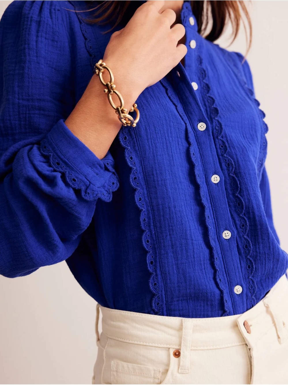 Boden Royal Blue Scallop-Trim Button-Front Blouse - Picture 7 of 10